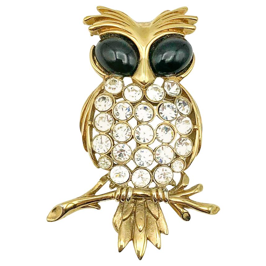 Vintage Gold Crystal Twit Twit Twoo Owl Brooch 1980s