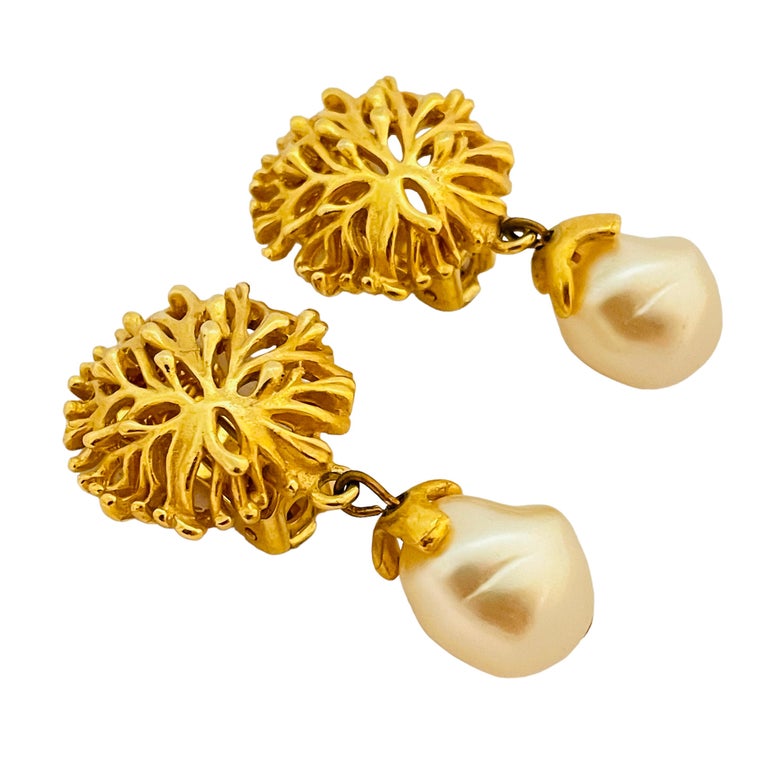 Vintage gold dangle pearl designer runway clip on earrings For Sale at