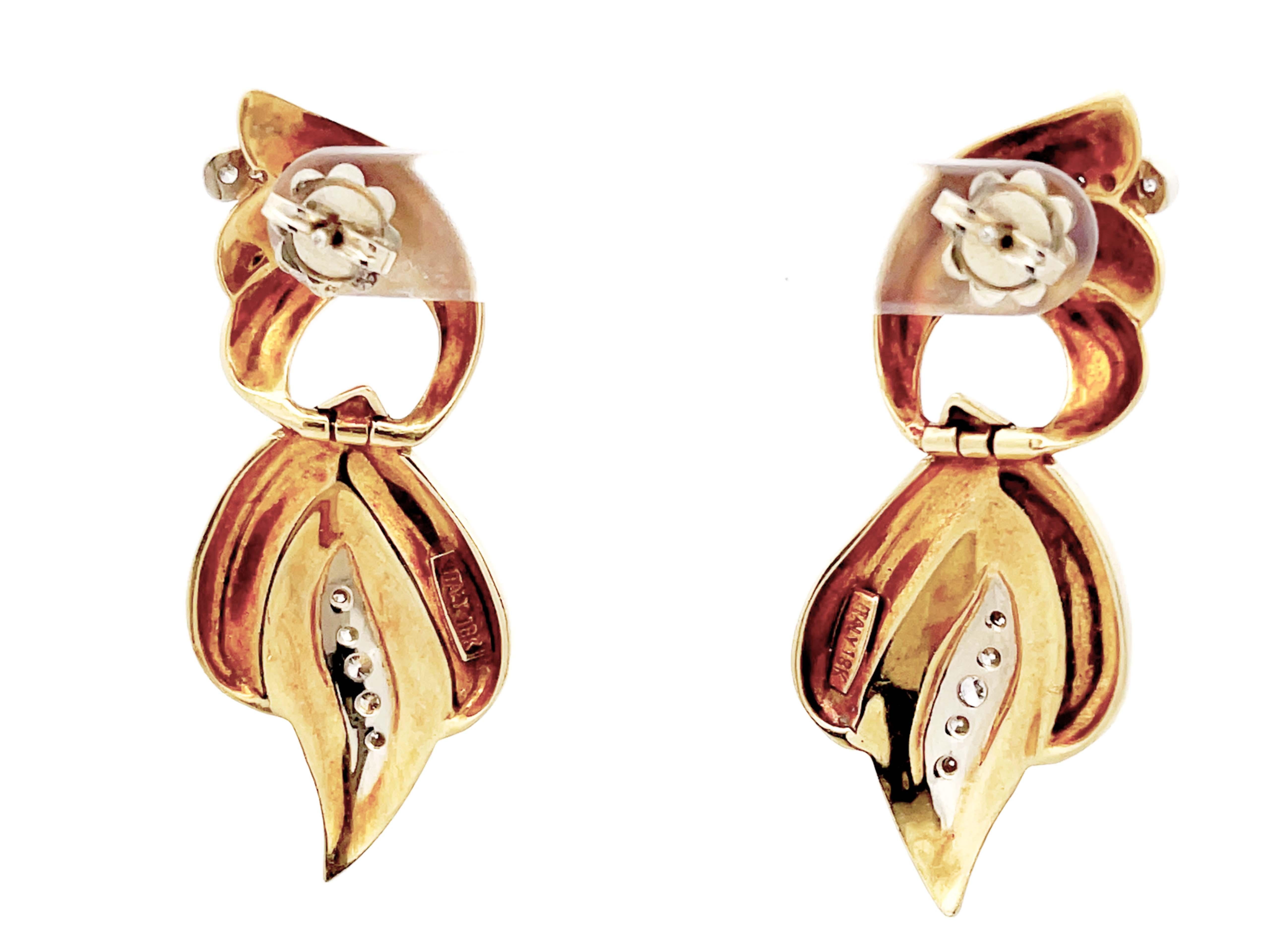 Boucles d'oreilles pendantes en or jaune 14k et diamant Vintage en vente 1