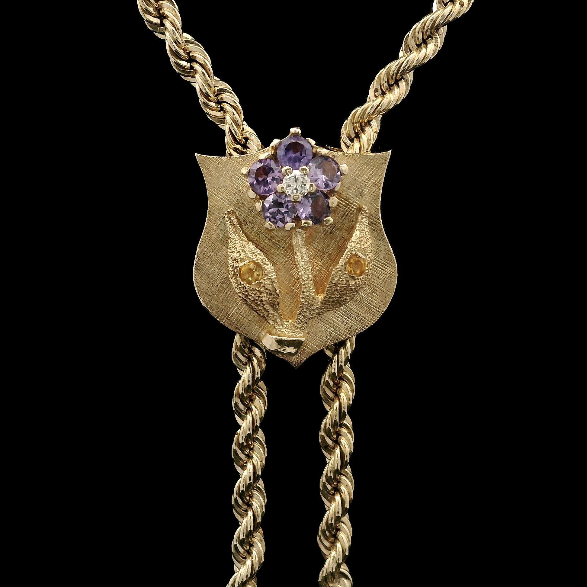 Vintage Gold Diamond Purple Flower Tassel Adjustable Lariat Rope Necklace Chain In Excellent Condition In Montclair, NJ
