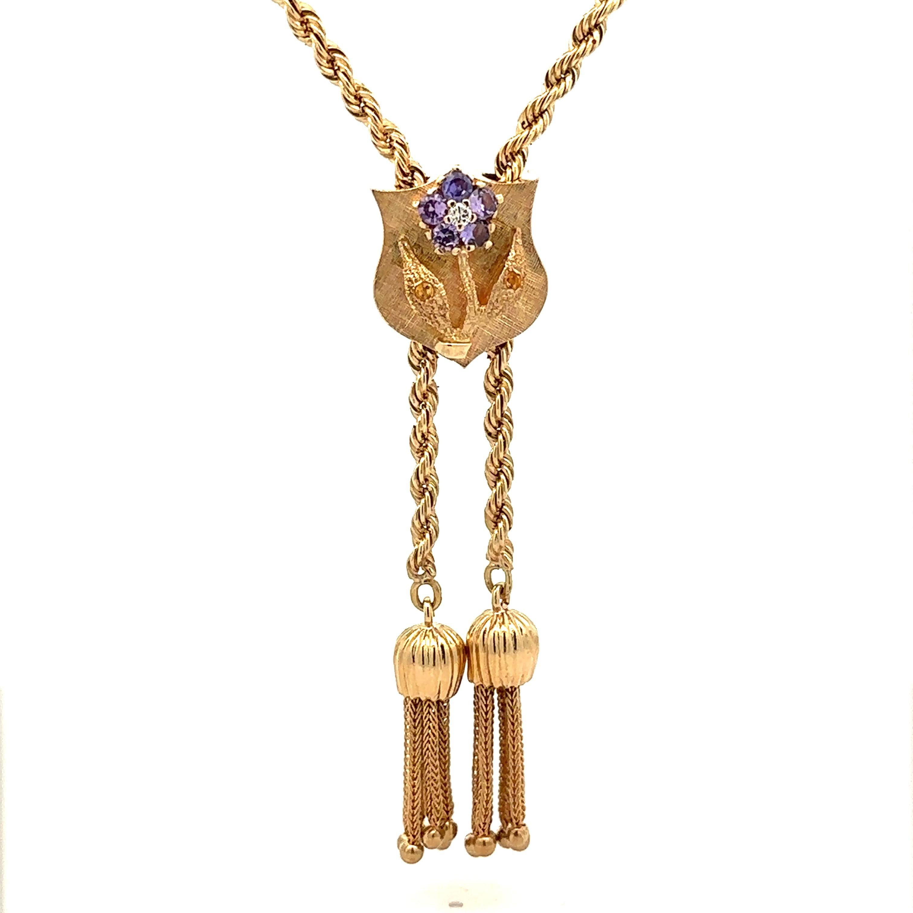 Women's Vintage Gold Diamond Purple Flower Tassel Adjustable Lariat Rope Necklace Chain