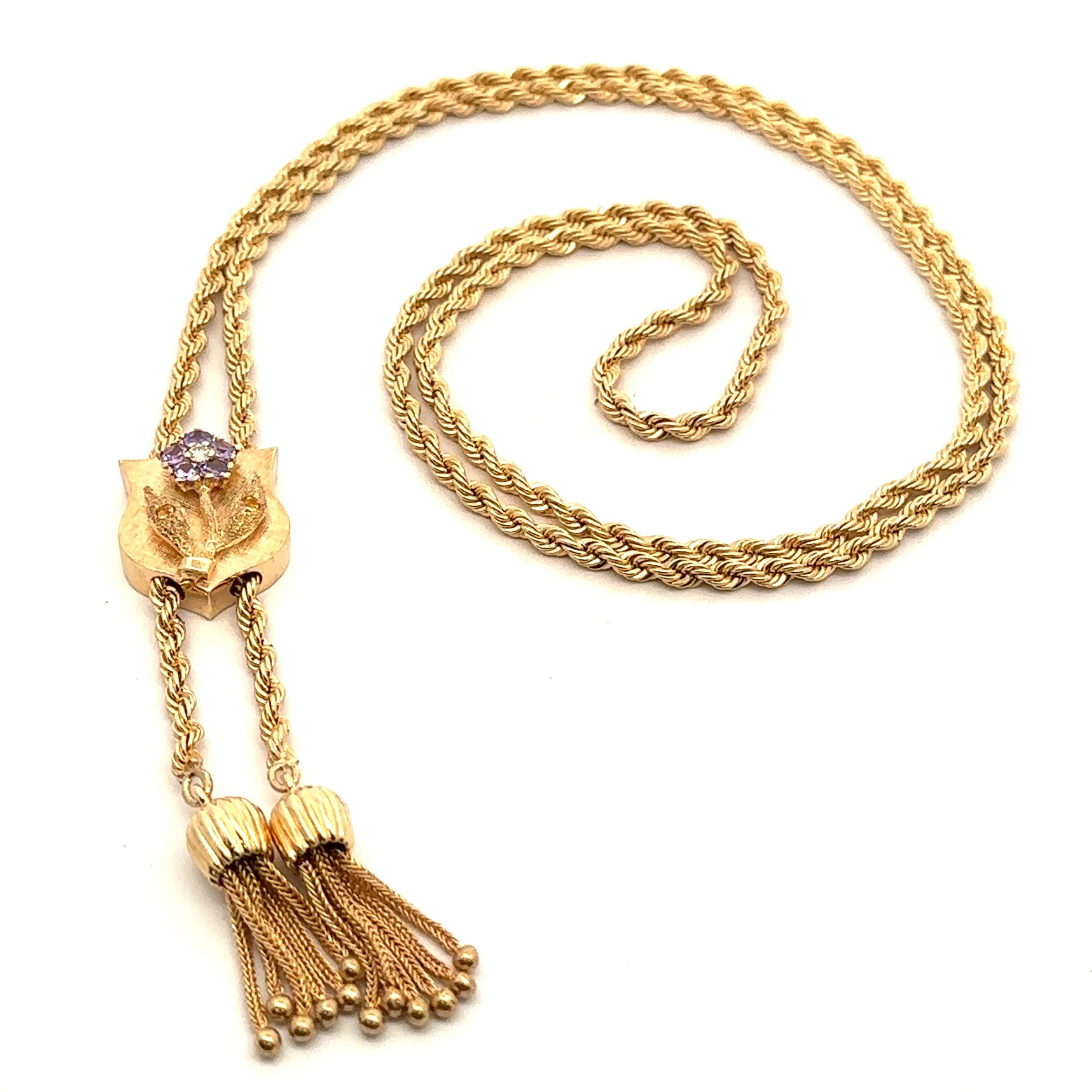 Vintage Gold Diamond Purple Flower Tassel Adjustable Lariat Rope Necklace Chain 1