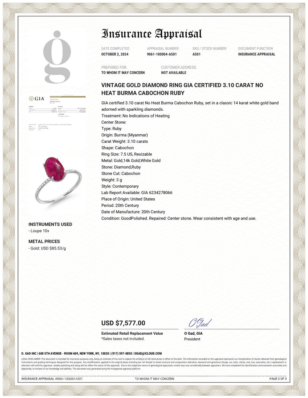 Contemporary Vintage Gold Diamond Ring GIA Certified 3.10 Carat No Heat Burma Cabochon Ruby For Sale