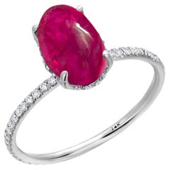 Anillo de diamantes de oro vintage con certificado GIA de 3,10 quilates de rubí de Birmania cabujón sin calor