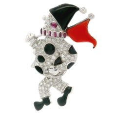 Vintage Gold Diamond Ruby Inlaid Coral & Black Onyx Moving Clown Pin Brooch