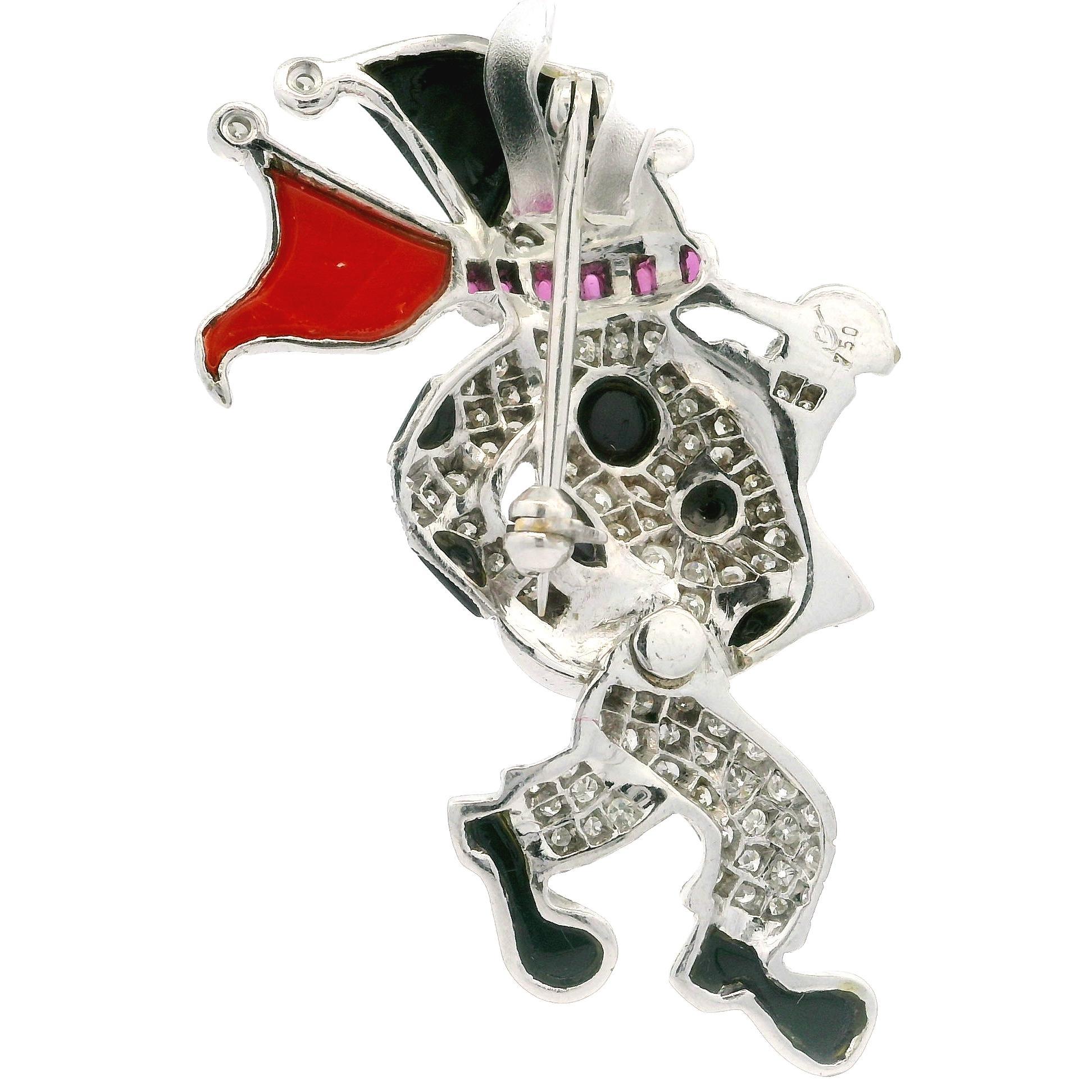 Taille brillant Broche en or, diamant et rubis incrusté de corail et d'onyx noir - Clown émouvant en vente