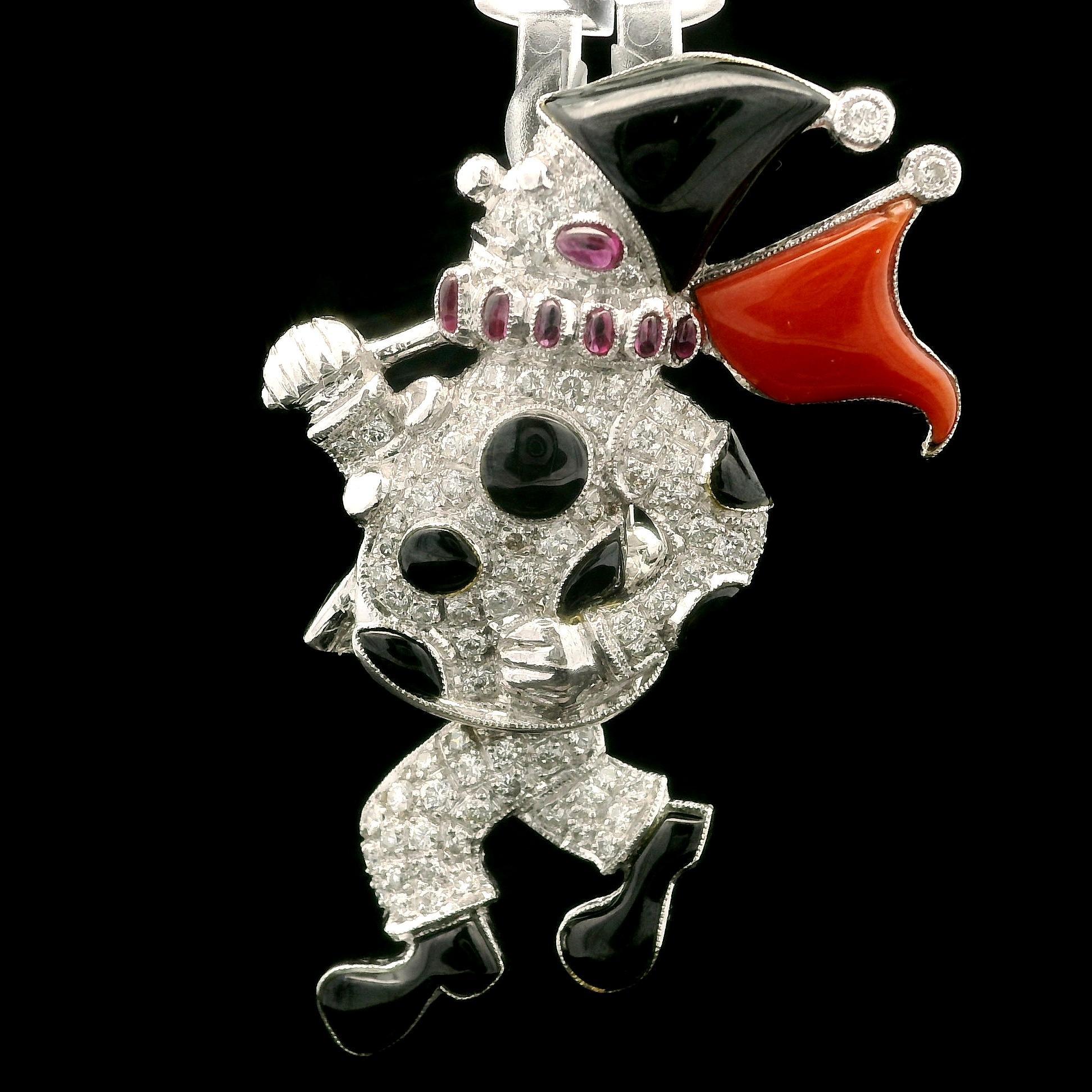 Broche en or, diamant et rubis incrusté de corail et d'onyx noir - Clown émouvant Pour femmes en vente