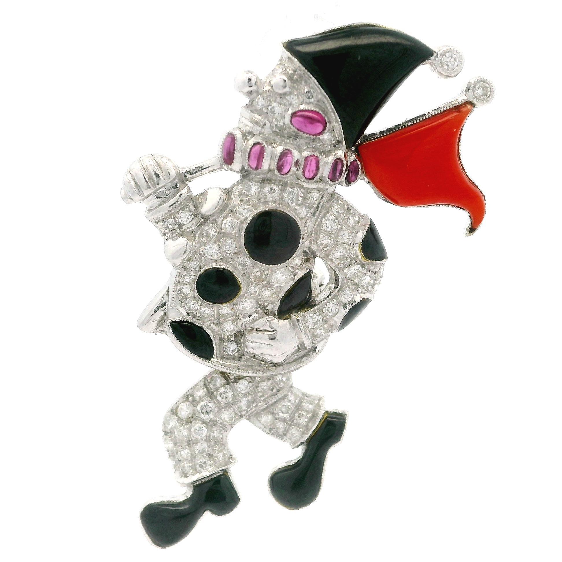 Broche en or, diamant et rubis incrusté de corail et d'onyx noir - Clown émouvant en vente 1