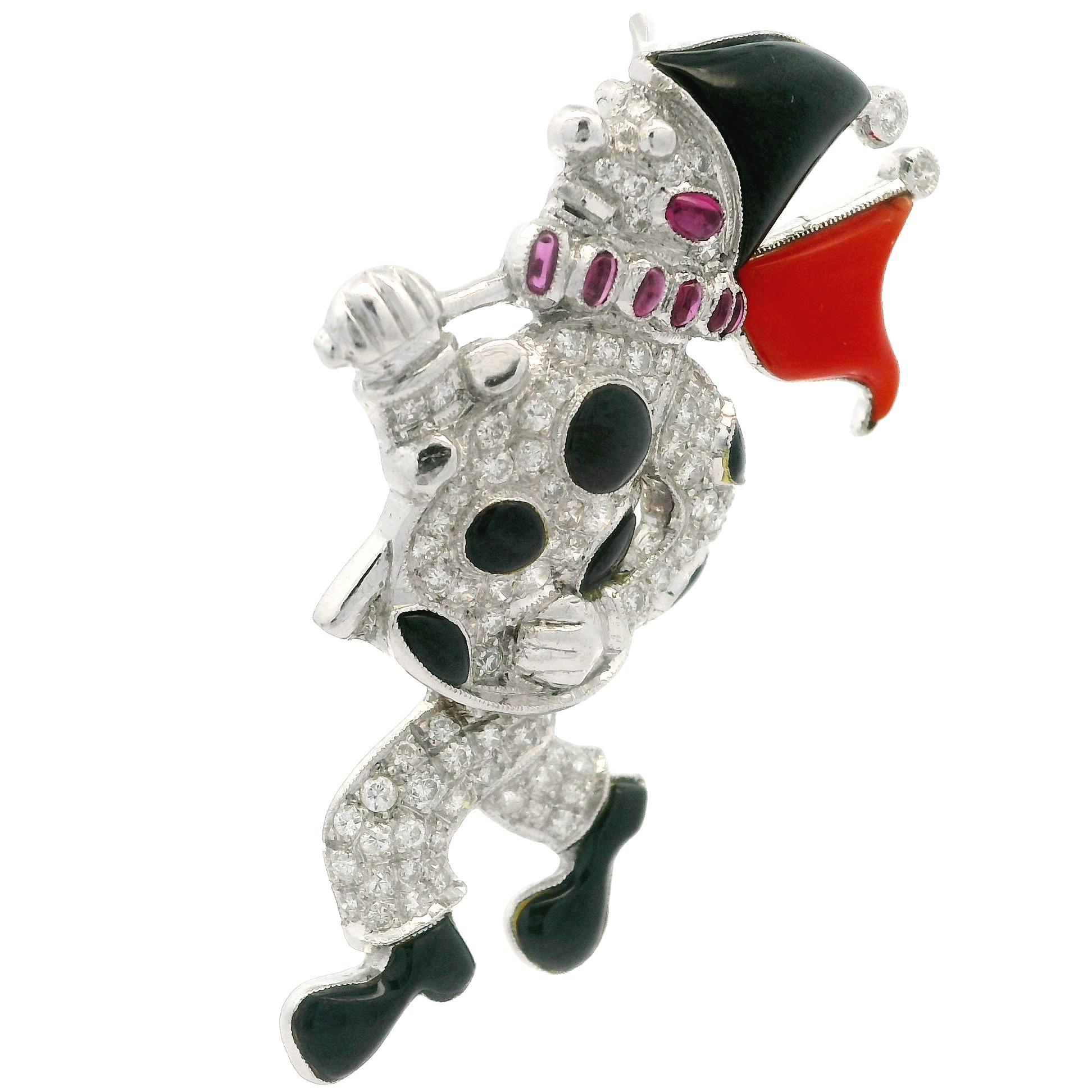 Broche en or, diamant et rubis incrusté de corail et d'onyx noir - Clown émouvant en vente 2