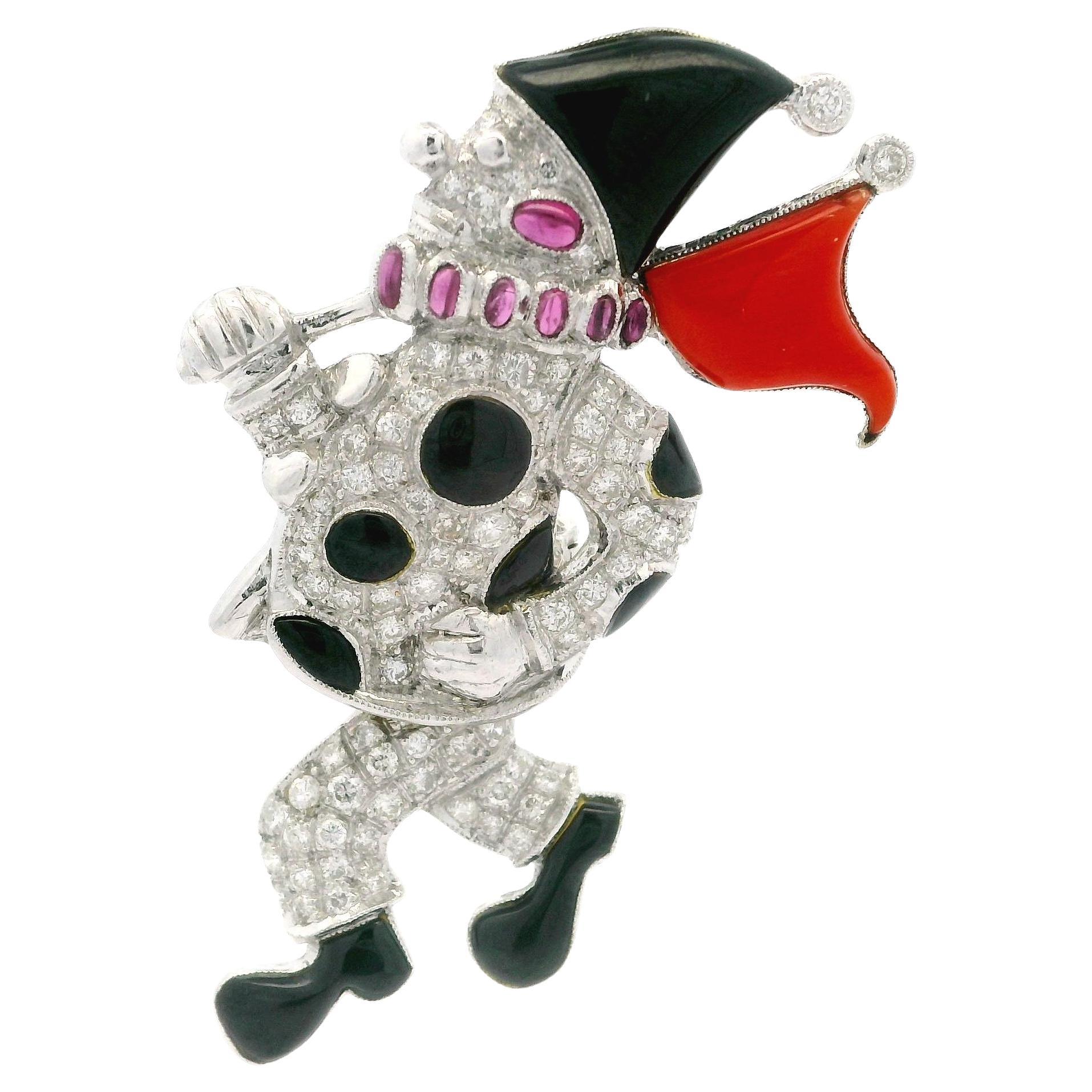 Vintage Gold Diamond Ruby Inlaid Coral & Black Onyx Moving Clown Pin Brooch