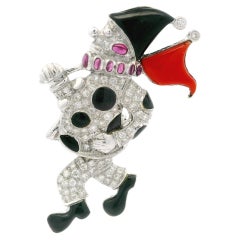 Vintage Gold Diamond Ruby Inlaid Coral & Black Onyx Moving Clown Pin Brooch