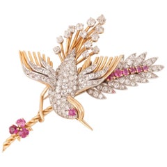 Vintage Gold Diamonds and Rubies French Bird Brooch