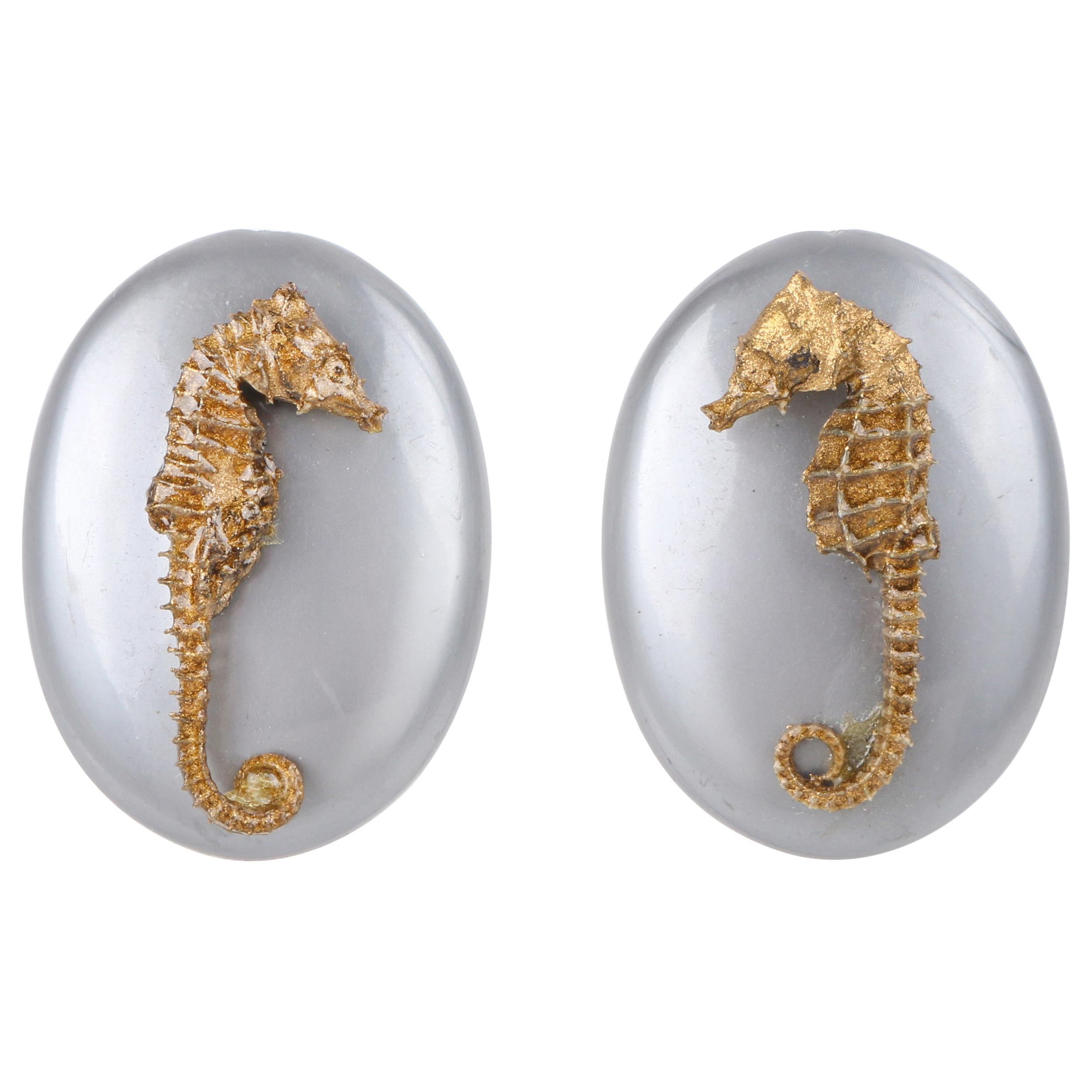 VINTAGE Gold Dipped Genuine Seahorse Skeleton Gray Lucite Disc Earrings  For Sale