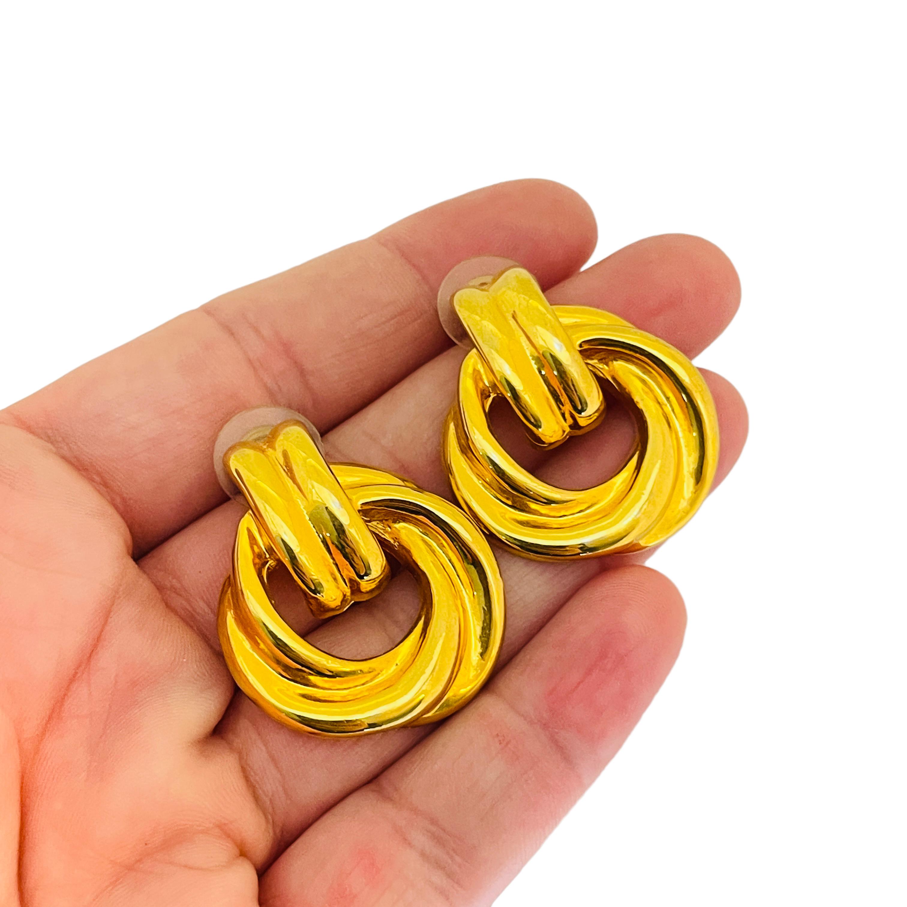 Women's or Men's Vintage gold door knocker designer runway pierced earrings For Sale