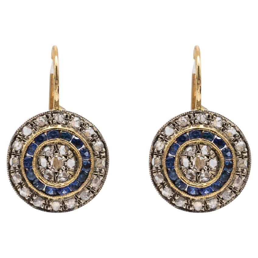 Vintage gold earrings with diamonds and sapphires. For Sale