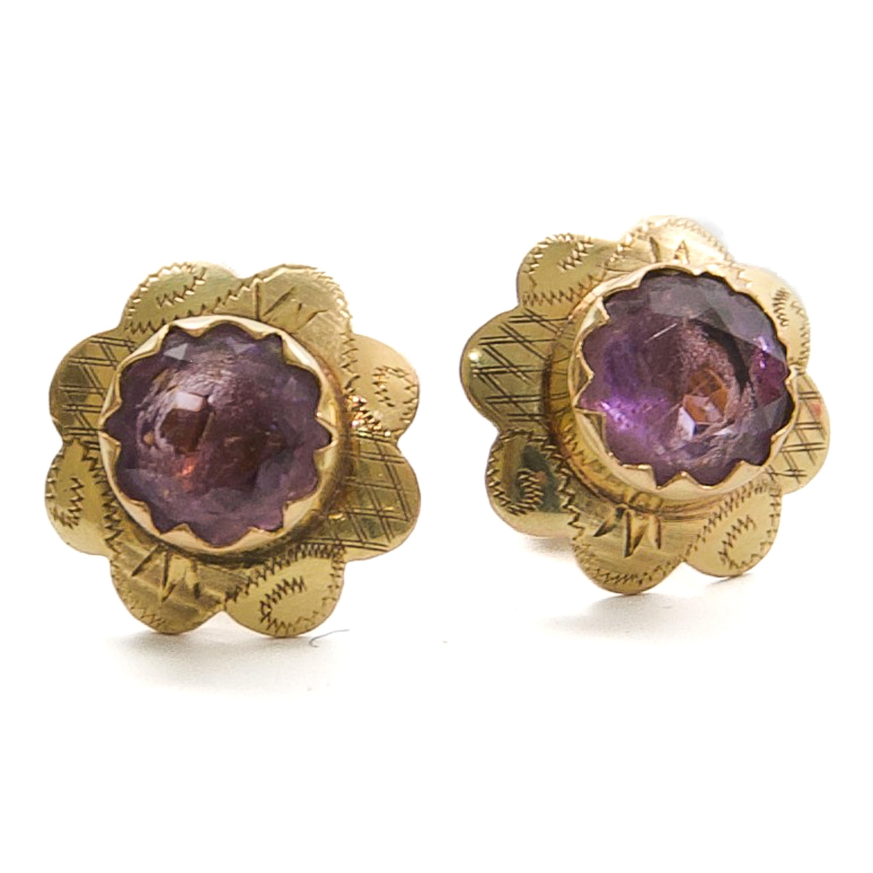 Goldohrringe aus Gold mit lila Amethyst im Vintage-Stil, ca. 1930er Jahre (Rundschliff) im Angebot