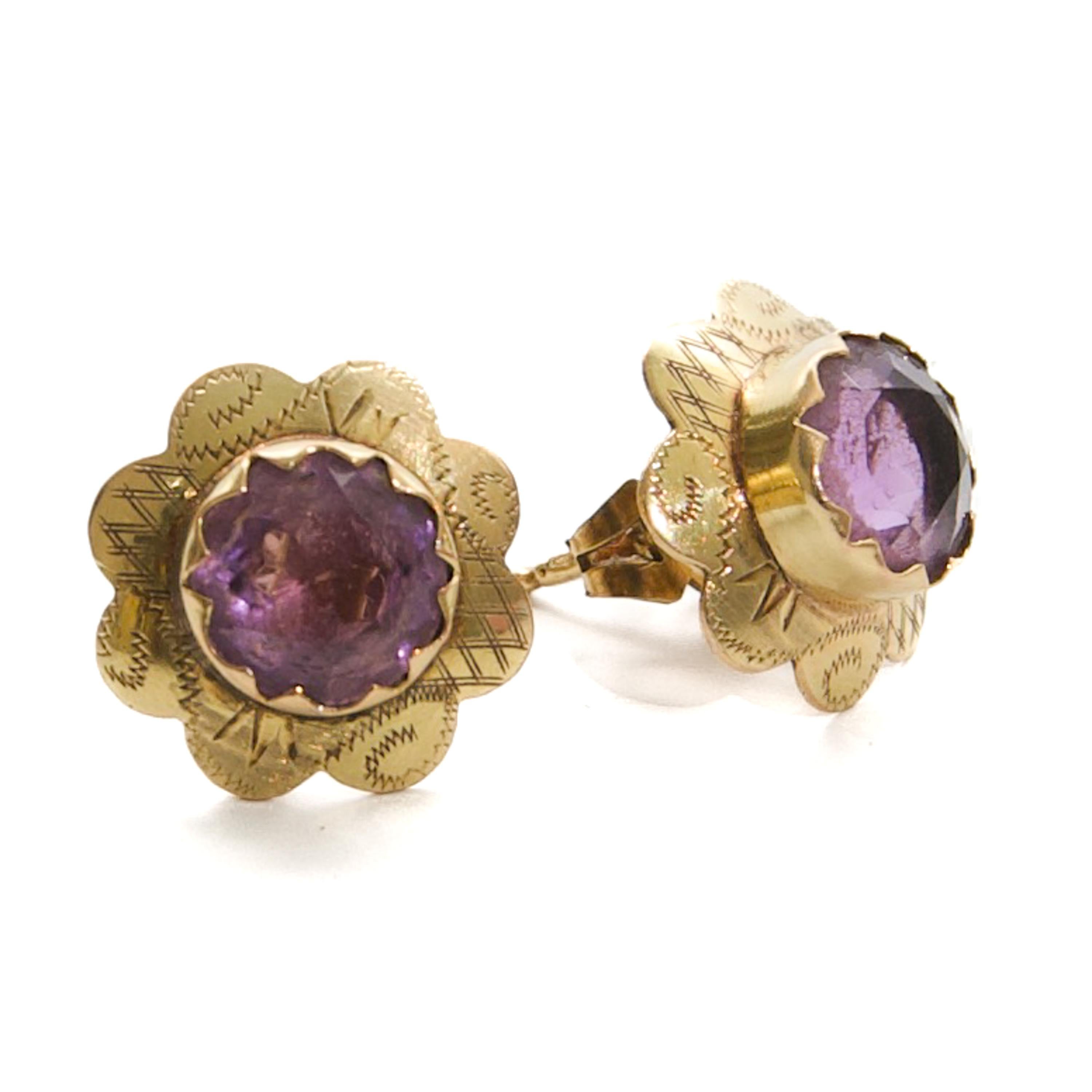Goldohrringe aus Gold mit lila Amethyst im Vintage-Stil, ca. 1930er Jahre im Angebot 3
