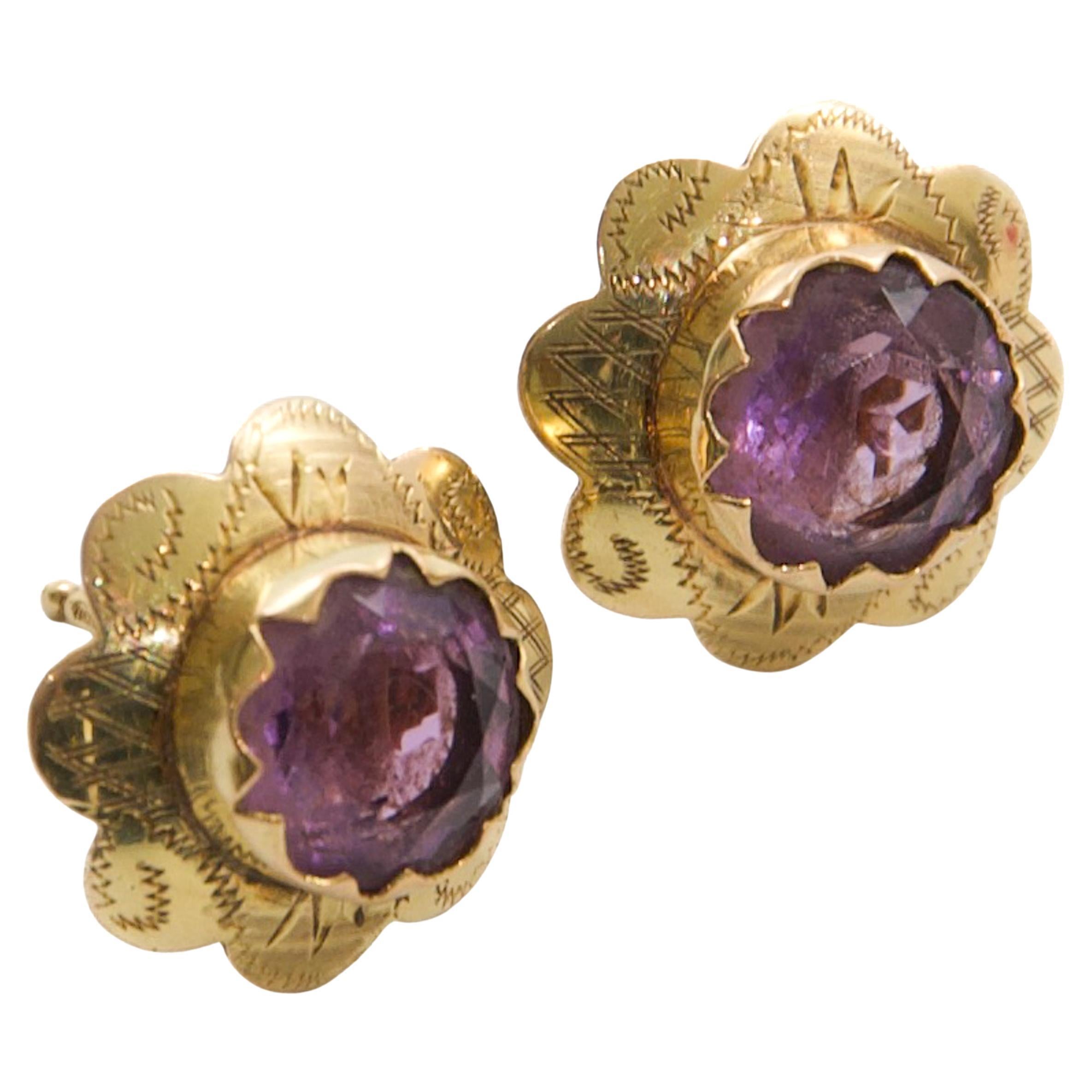Vintage Gold Earrings with Purple Amethyst, Circa 1930s