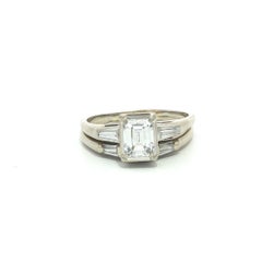 Vintage Gold Emerald & Baguette Diamond Engagement Ring Wedding Band Set