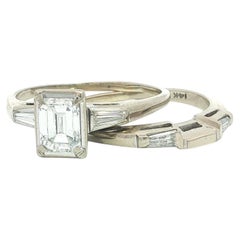 Vintage Gold Emerald & Baguette Diamond Engagement Ring Wedding Band Set