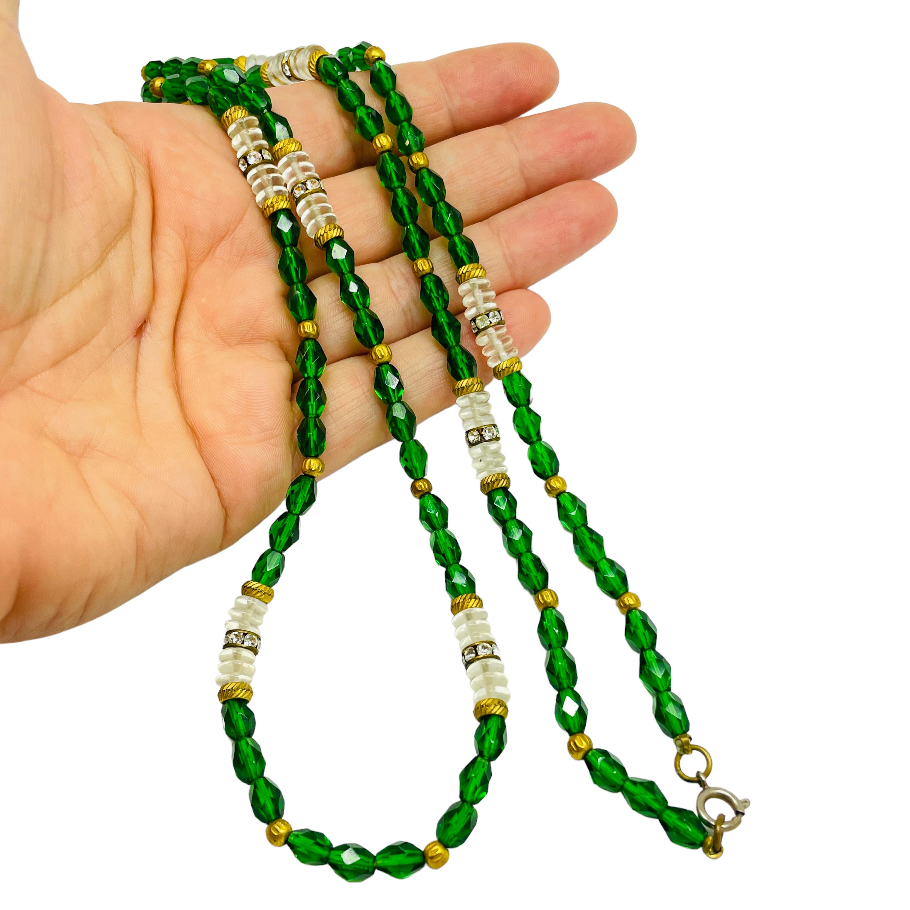 Women's or Men's Vintage gold emerald crystal beaded necklace For Sale