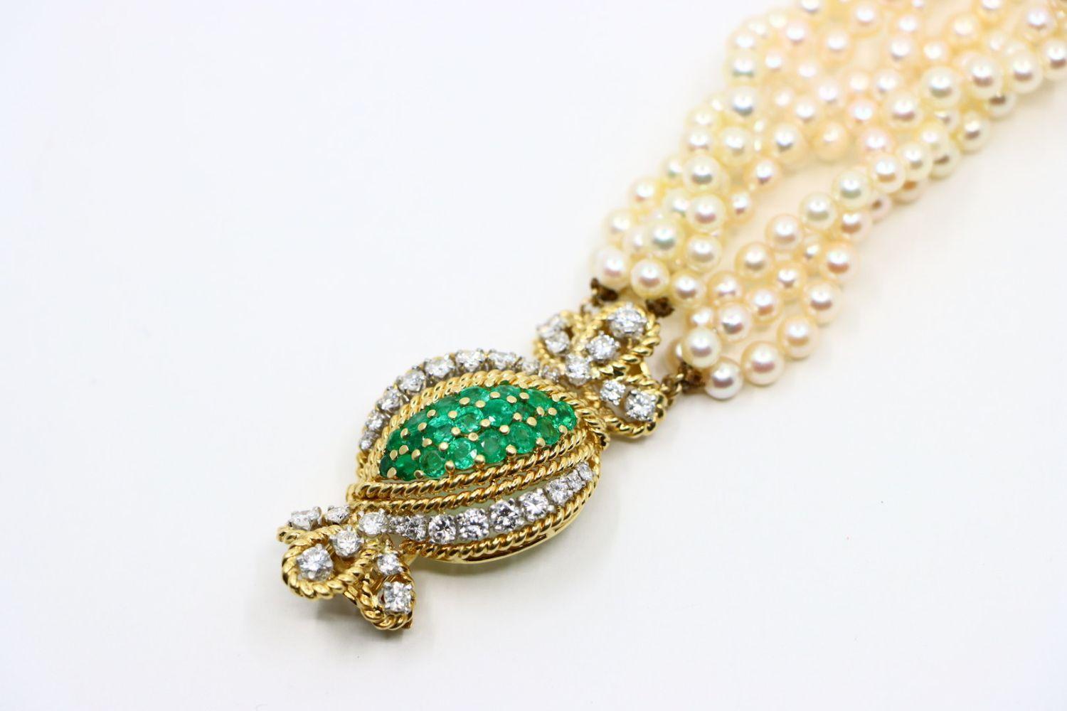 Vintage Gold Emerald Diamond Muti-Stand Pearl Bracelet For Sale 6