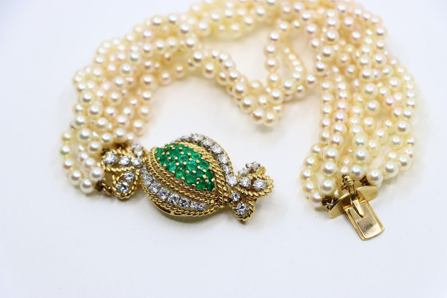 Vintage Gold Emerald Diamond Muti-Stand Pearl Bracelet For Sale 7
