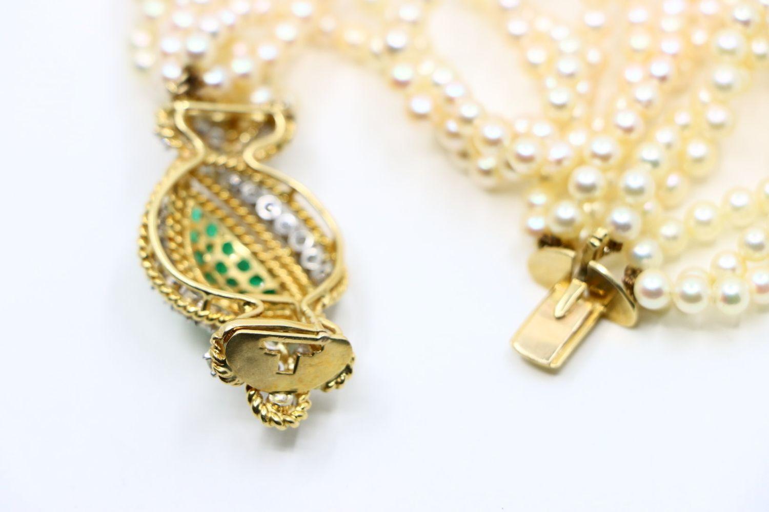 Vintage Gold Emerald Diamond Muti-Stand Pearl Bracelet For Sale 8