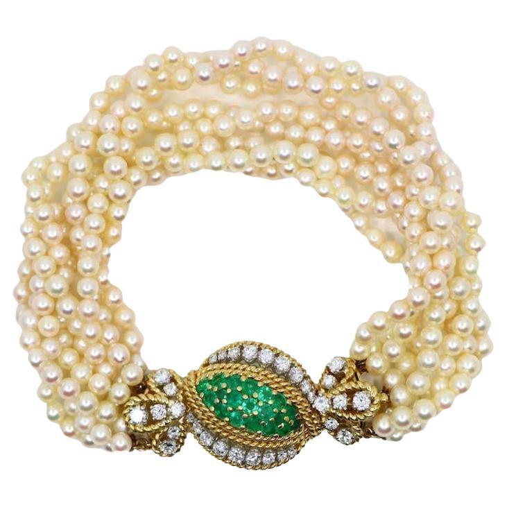 Vintage Gold Emerald Diamond Muti-Stand Pearl Bracelet For Sale
