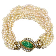 Vintage Gold Emerald Diamond Muti-Stand Pearl Bracelet
