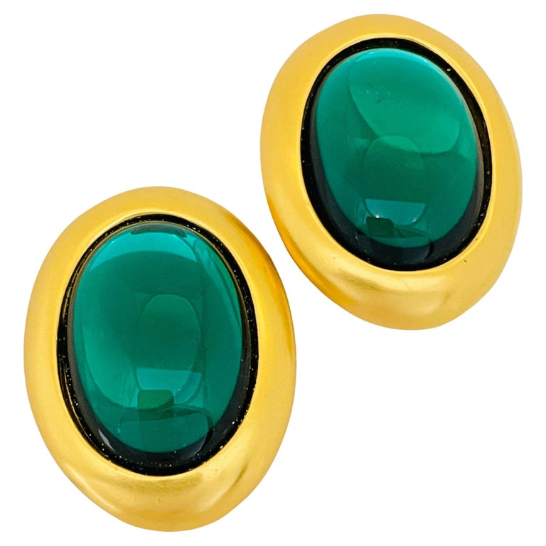 Vintage gold emerald glass cabochon designer runway clip on earrings at