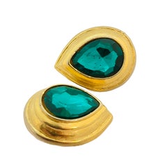 Vintage gold emerald glass designer runway pierced earrings