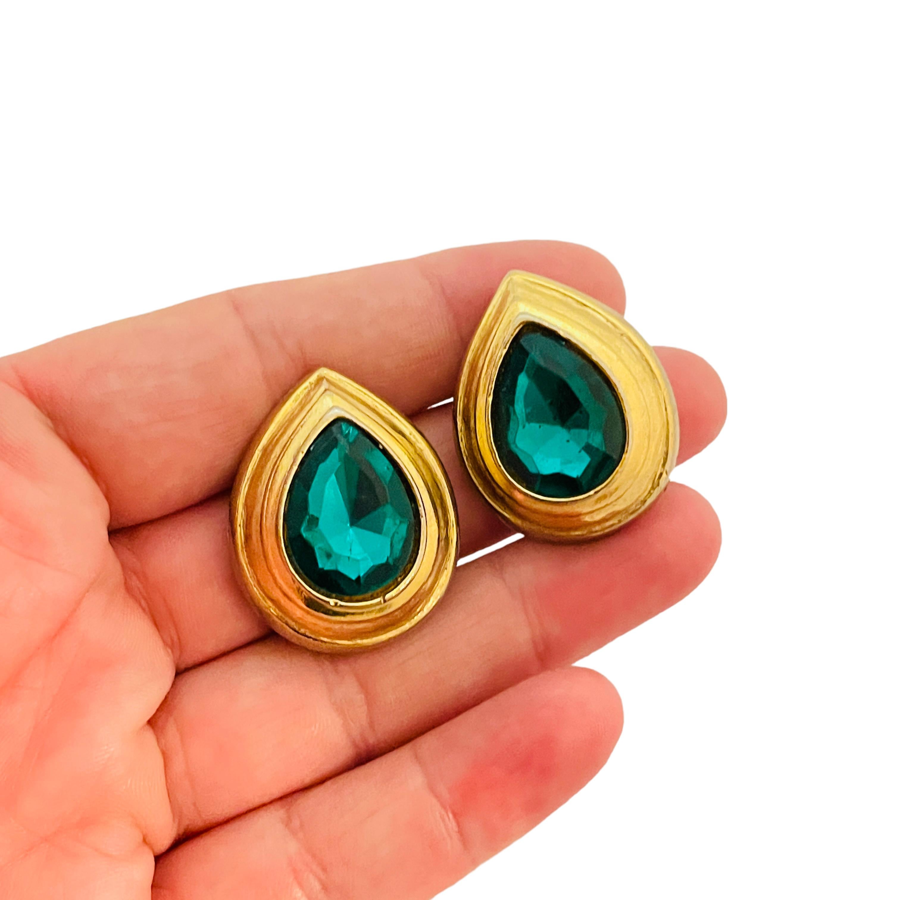 Women's or Men's Vintage gold emerald glass designer runway pierced earrings For Sale