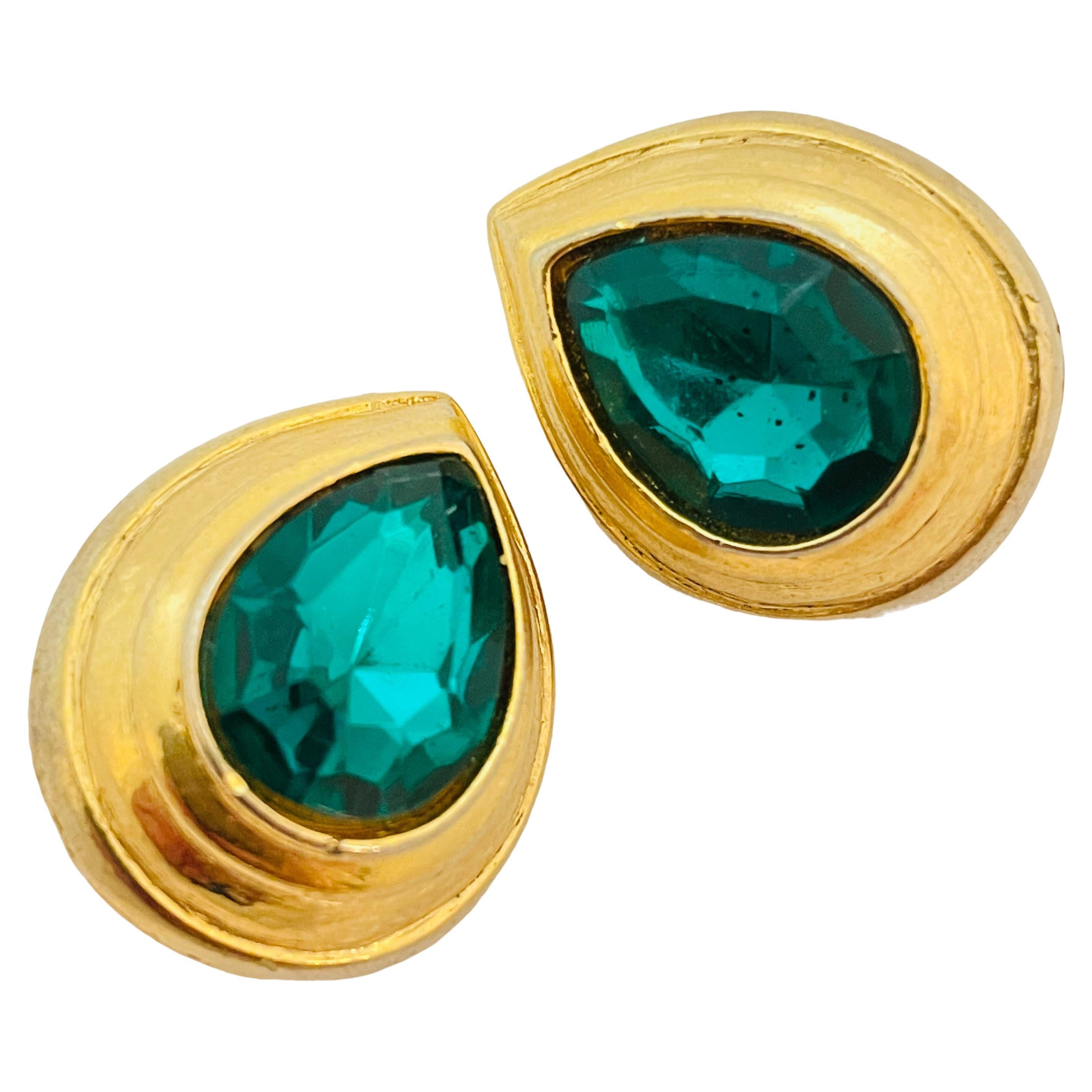 Vintage gold emerald glass designer runway pierced earrings For Sale