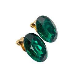 Vintage gold emerald green glass designer runway clip on earrings