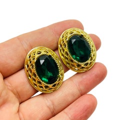Vintage gold emerald green glass designer runway clip on earrings