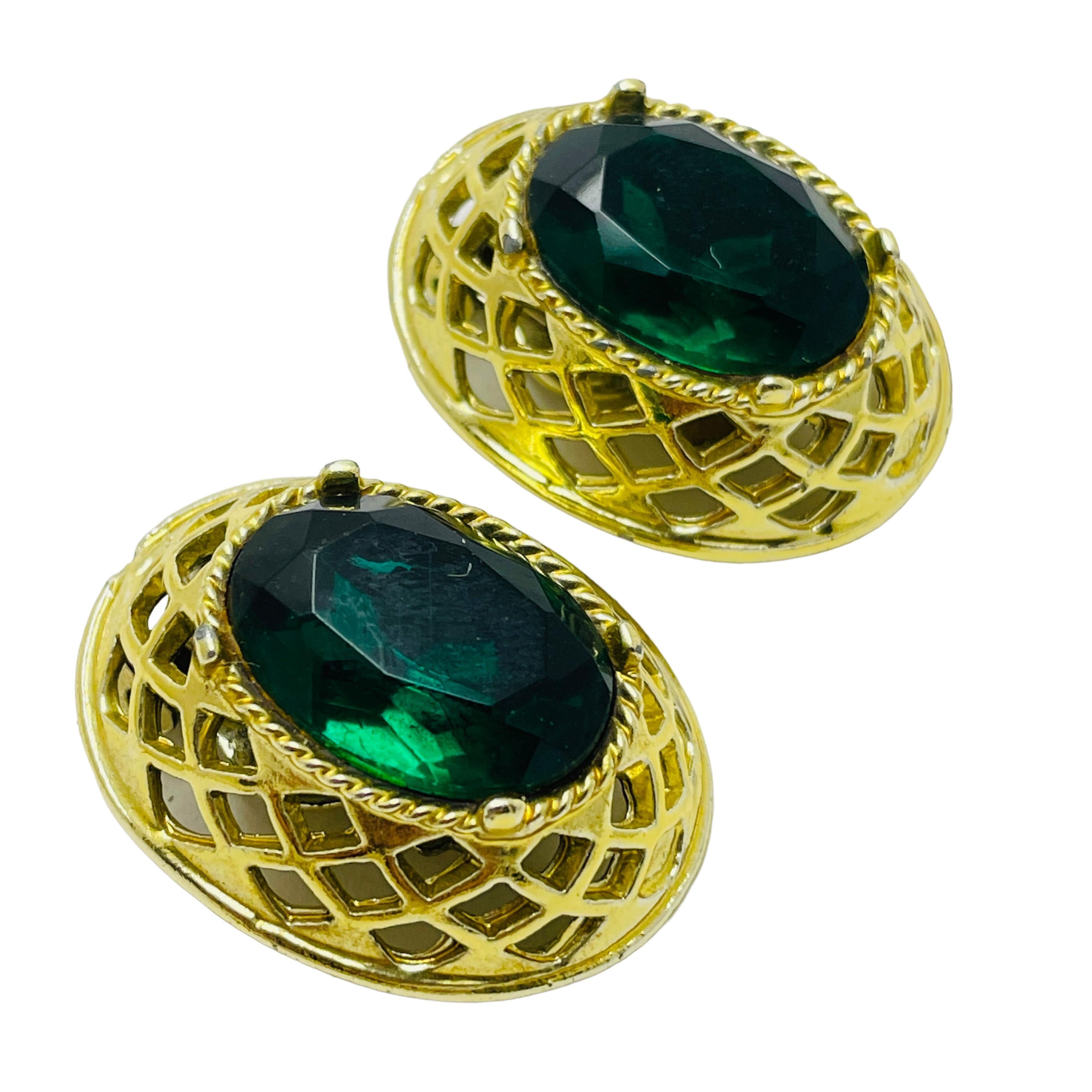 Women's or Men's Vintage gold emerald green glass designer runway clip on earrings For Sale