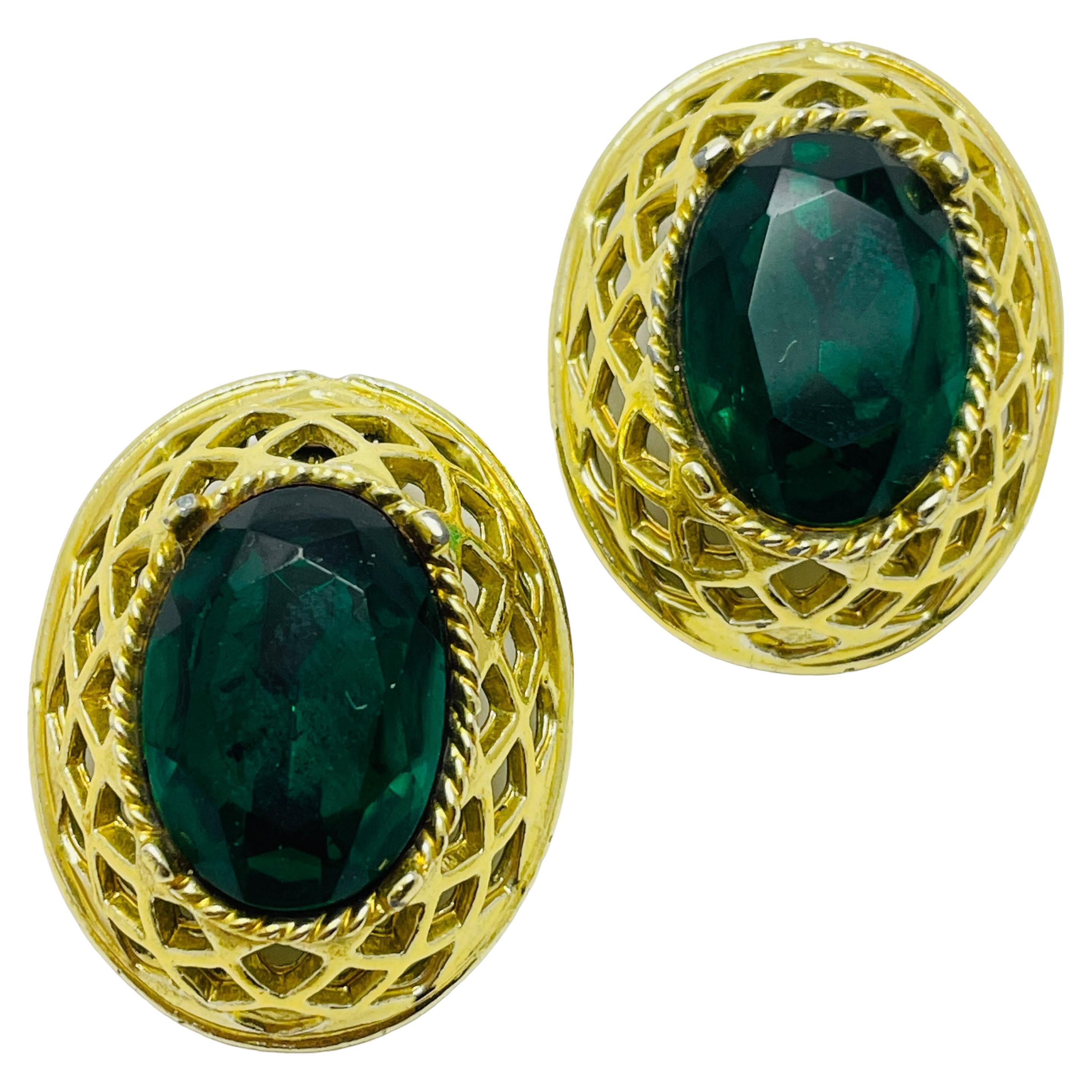 Vintage gold emerald green glass designer runway clip on earrings For Sale