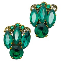 Vintage gold emerald green navette glass designer runway clip on earrings