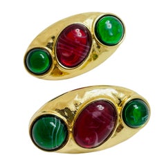 Vintage gold emerald ruby glass designer runway clip on earrings