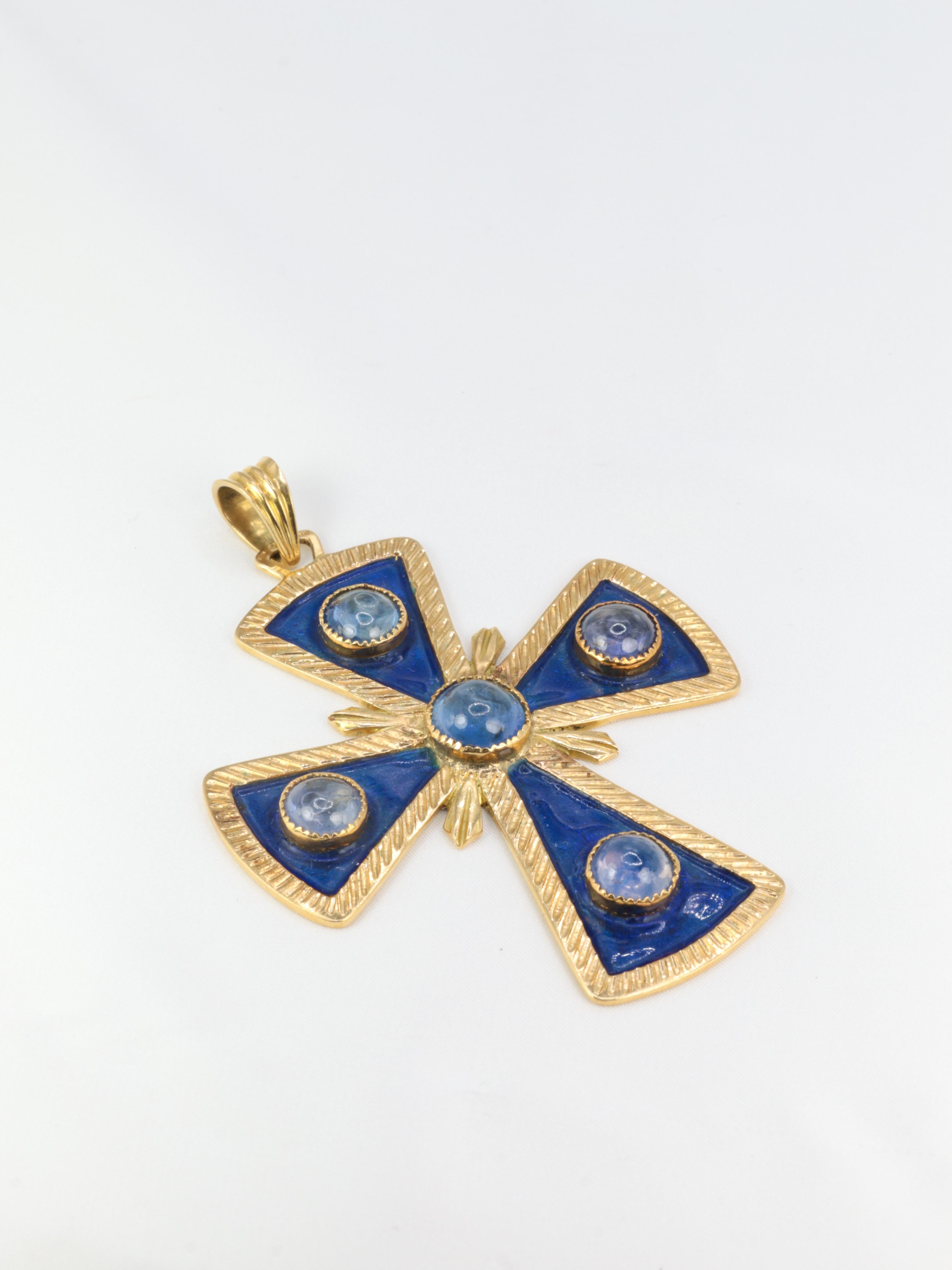 Women's or Men's Vintage Gold, Enamel and Sapphire Pectoral Cross Pendant For Sale