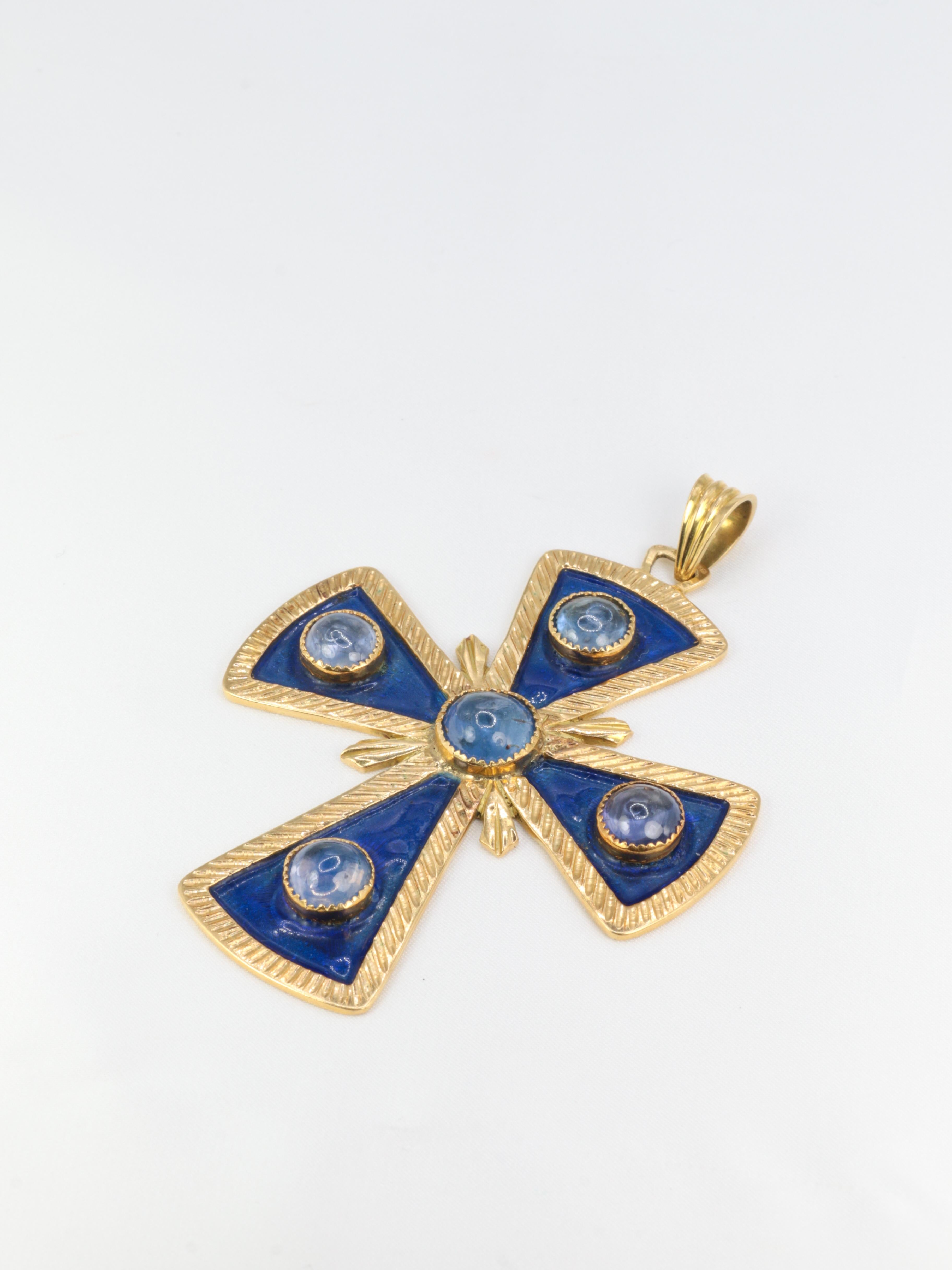 Vintage Gold, Enamel and Sapphire Pectoral Cross Pendant For Sale 1