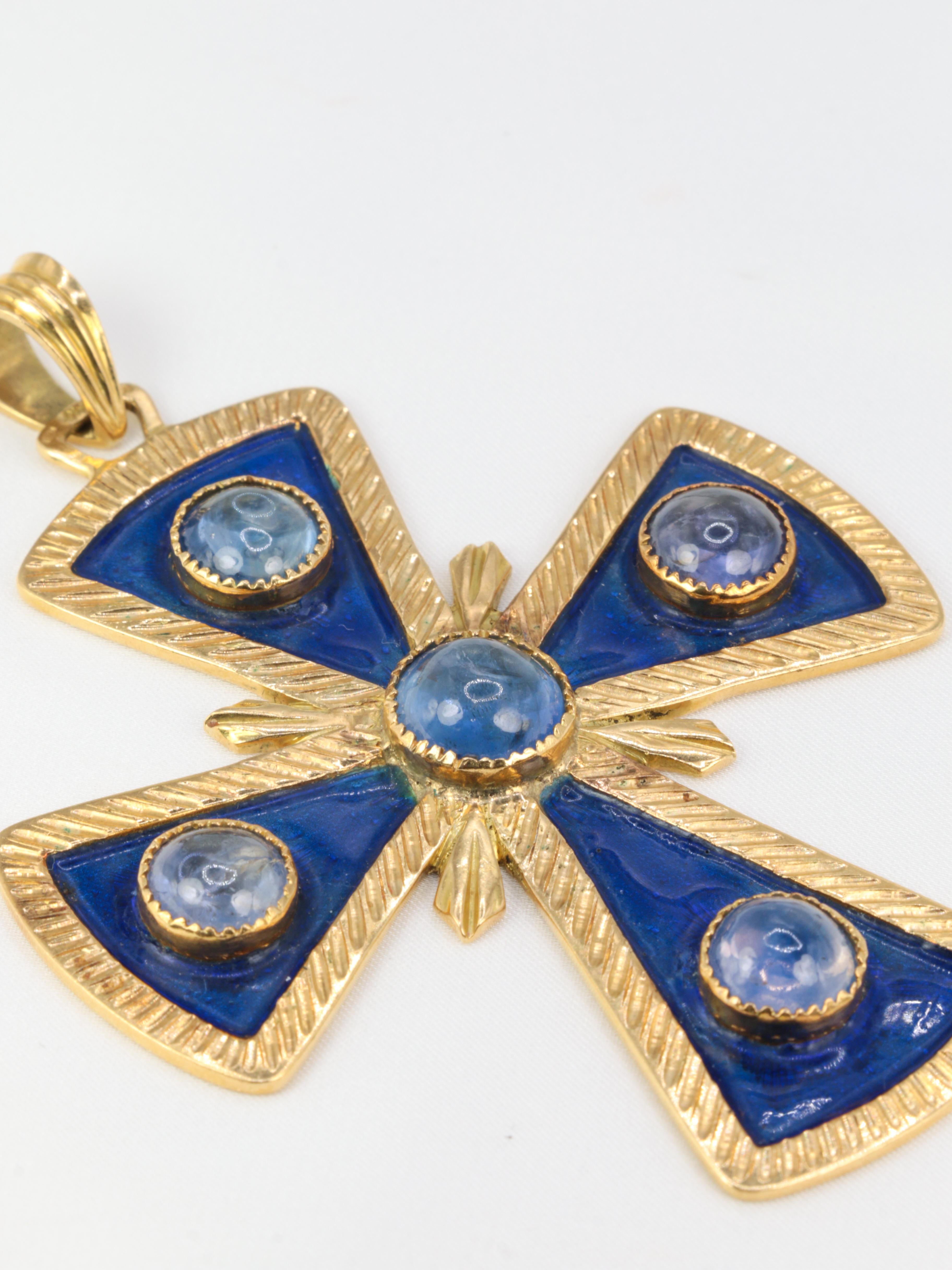 Vintage Gold, Enamel and Sapphire Pectoral Cross Pendant For Sale 3