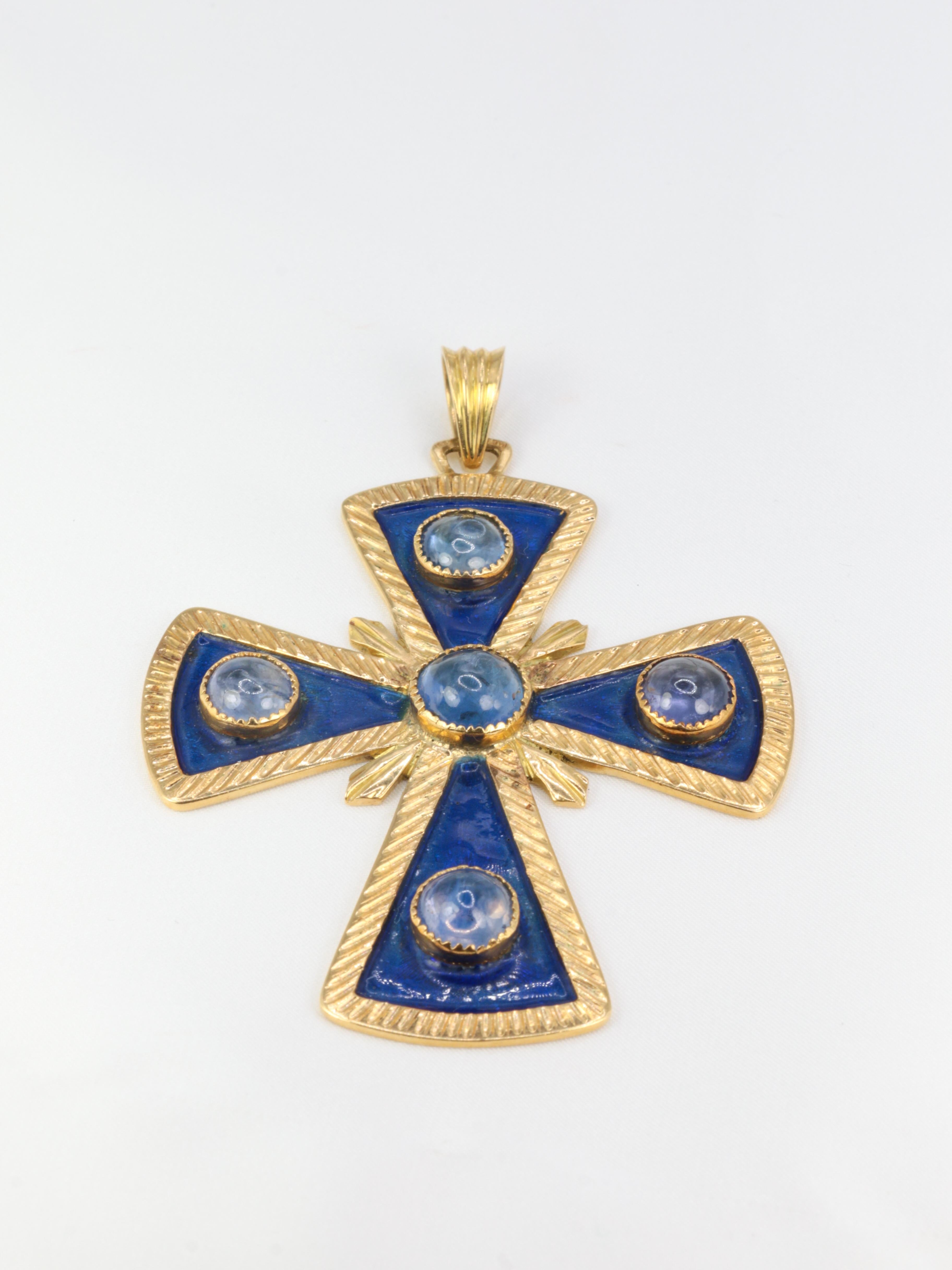 Vintage Gold, Enamel and Sapphire Pectoral Cross Pendant For Sale 4