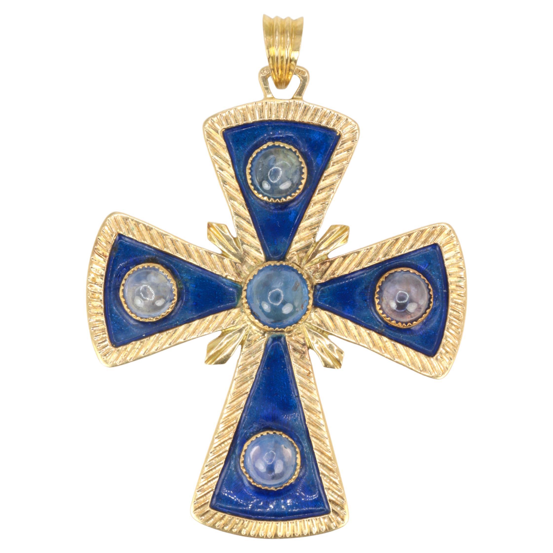 Vintage Gold, Enamel and Sapphire Pectoral Cross Pendant For Sale