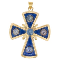 Pendentif croix péctorale vintage en or, émail et saphir