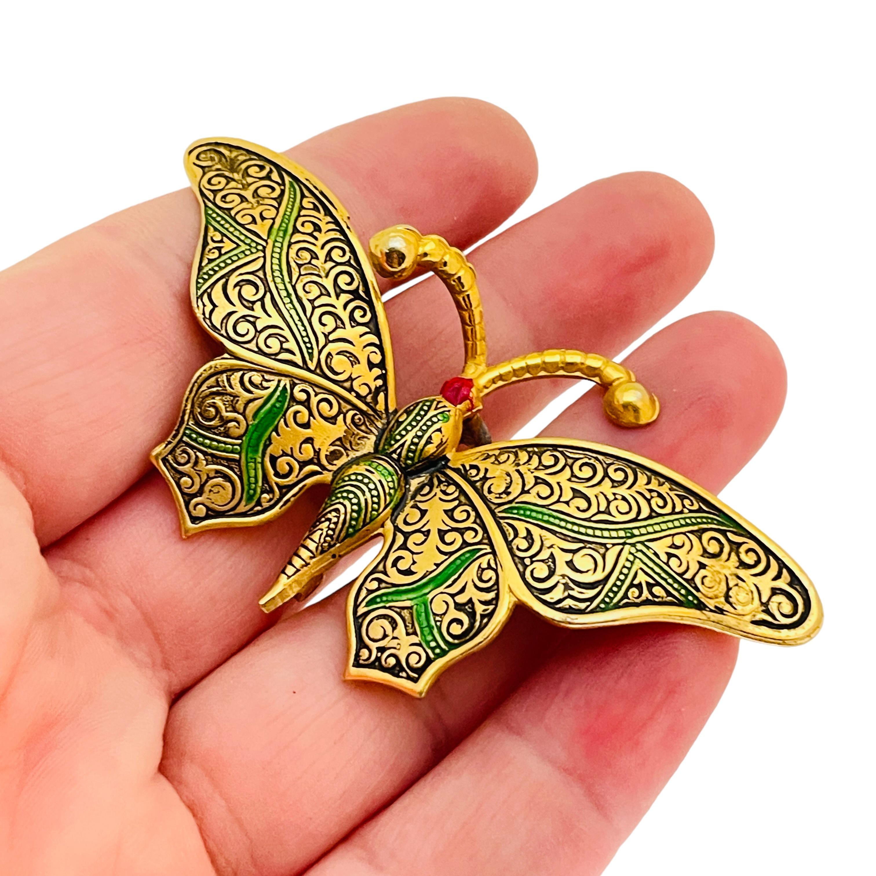 Women's Vintage gold enamel butterfly designer brooch For Sale