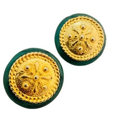 Vintage gold enamel clip on designer runway earrings
