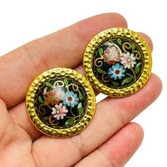Vintage gold enamel cloisonné flower designer clip on earrings