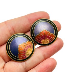 Vintage gold enamel cloisonné flower designer clip on earrings
